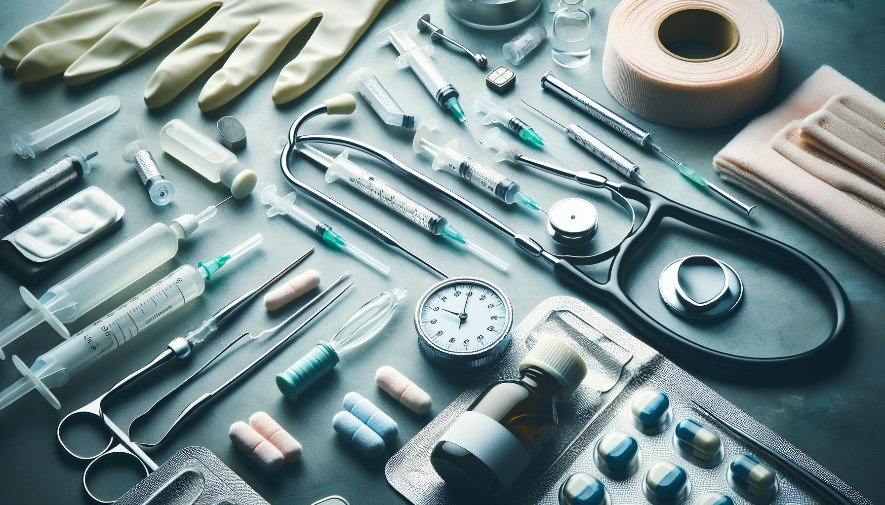 Image of various medical supplies including bandages, gloves, and syringes